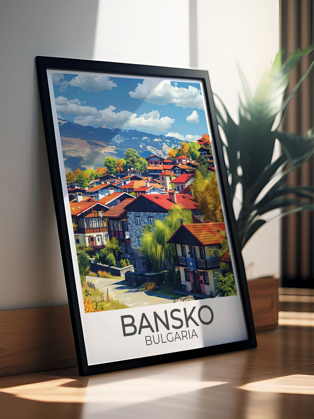This vibrant travel poster showcases the natural beauty of the Pirin Mountains and the historic allure of Bansko Old Town, perfect for adding a touch of Bulgarias charm to your walls.