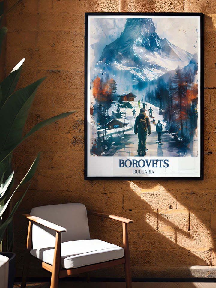Elegant Borovets wall art depicting the bustling ski resort and the scenic Musala Pathway, showcasing the regions winter sports culture and natural tranquility. Perfect for adding sophistication to any room.