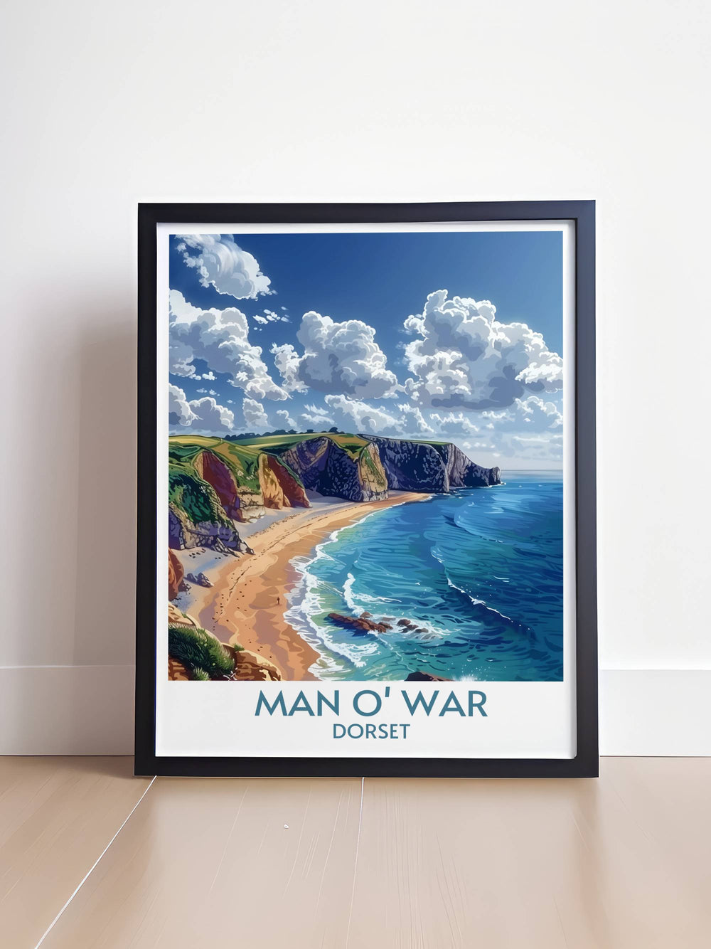Majestic view of Durdle Door Arch and Man o War Beach on the Jurassic Coast of Dorset perfect for Dorset posters prints and wall art bringing the natural wonder of these iconic landmarks into your home as beautiful and timeless pieces of artwork and photography.