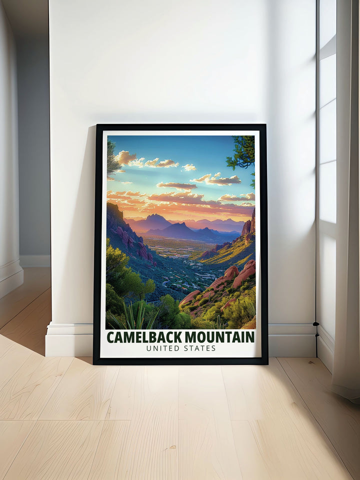 Echo Canyon Trail artwork showcasing the vibrant beauty of Arizona with stunning landscapes of Mt. Camelback perfect for Arizona wall art lovers and travel enthusiasts. This Arizona travel print captures the essence of Echo Canyon Trail in every detail ideal for home decor and gifts.