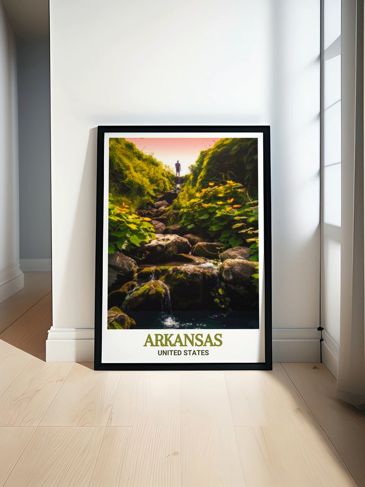 Scenic print of Hot Springs National Park in Arkansas, highlighting the unique natural and historical features that make this landmark so special. A perfect gift for anyone who loves nature and history, this poster adds elegance and interest to any room.