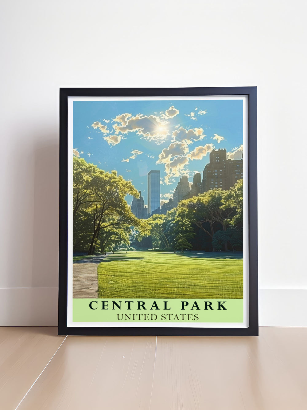 Featuring lush vistas of Central Parks Lawn and the iconic skyline, this poster is perfect for those who wish to bring a piece of New Yorks natural beauty and architectural grandeur into their home.