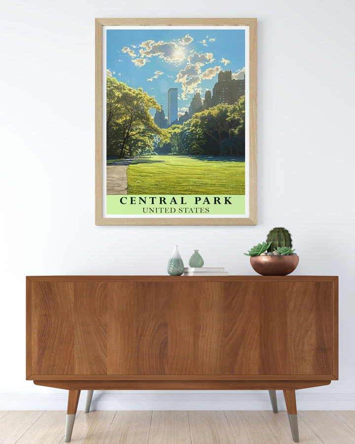 The captivating blend of nature in Central Parks Lawn and the historic streets of New York is beautifully illustrated in this poster, making it a stunning addition to any wall art collection celebrating the city.