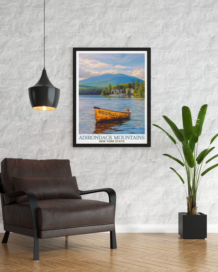 Lake Placid wall art showcases the natural beauty of the Adirondacks in a modern print perfect for adding sophistication to your home while celebrating New Yorks iconic landscape