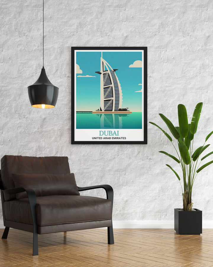 Burj Al Arab framed prints paired with a detailed Dubai street map creating a versatile art piece that fits beautifully in any room from the living room to the office showcasing the beauty of Dubai