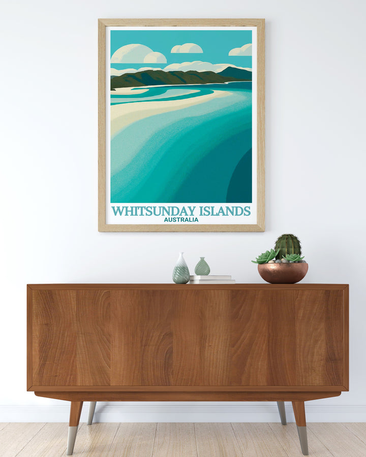 Whitsunday Australia travel print featuring Hill Inlet with its iconic views and crystal clear waters perfect for beach wall art and nature lover gift bringing a serene and elegant touch to any room in your home.