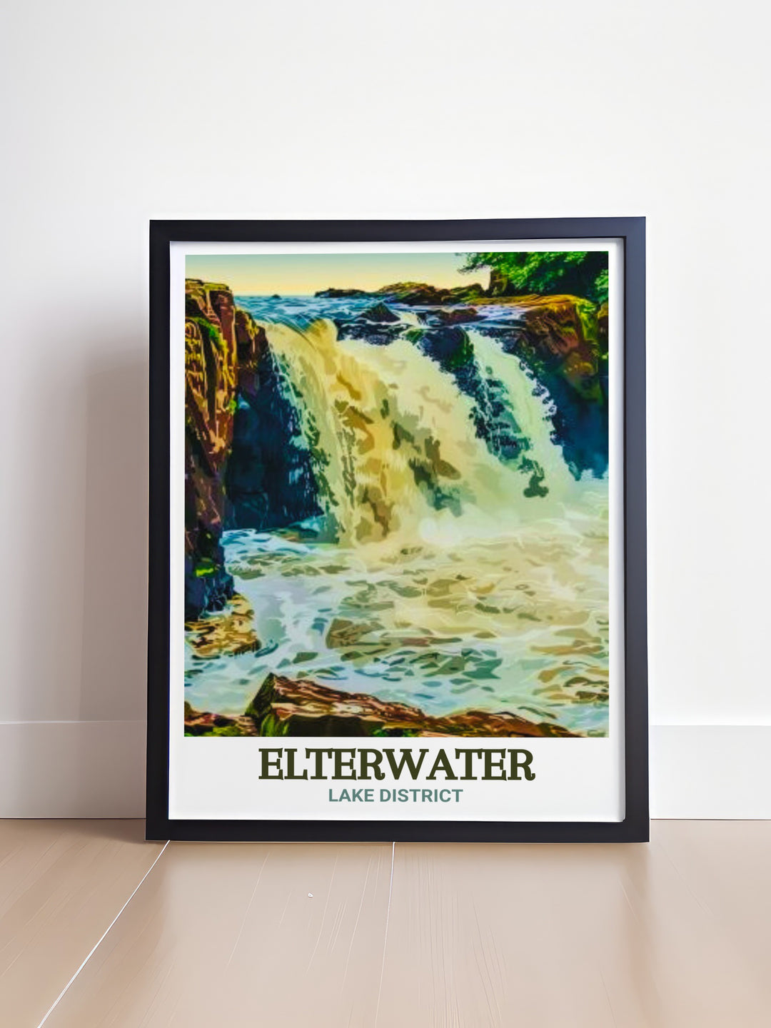 Skelwith Force framed print showcases the powerful and serene waterfall surrounded by the peaceful landscapes of Cumbria. Ideal for any room, this stunning living room decor adds a touch of nature to your space.