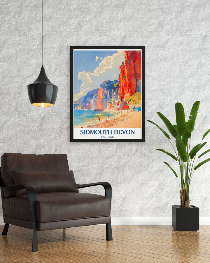 Bring the charm of Sidmouth into your home with this detailed poster featuring the Jurassic Coast and Regency Promenade, highlighting the unique blend of natural and historical beauty in Devon.