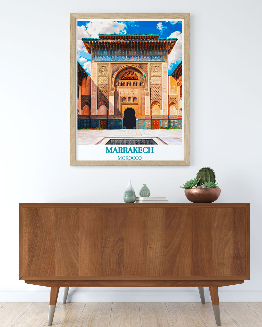 Showcasing both Marrakech and Moroccos beaches, this travel poster captures the unique blend of city excitement and beach relaxation, perfect for enhancing your living space with Moroccan charm.