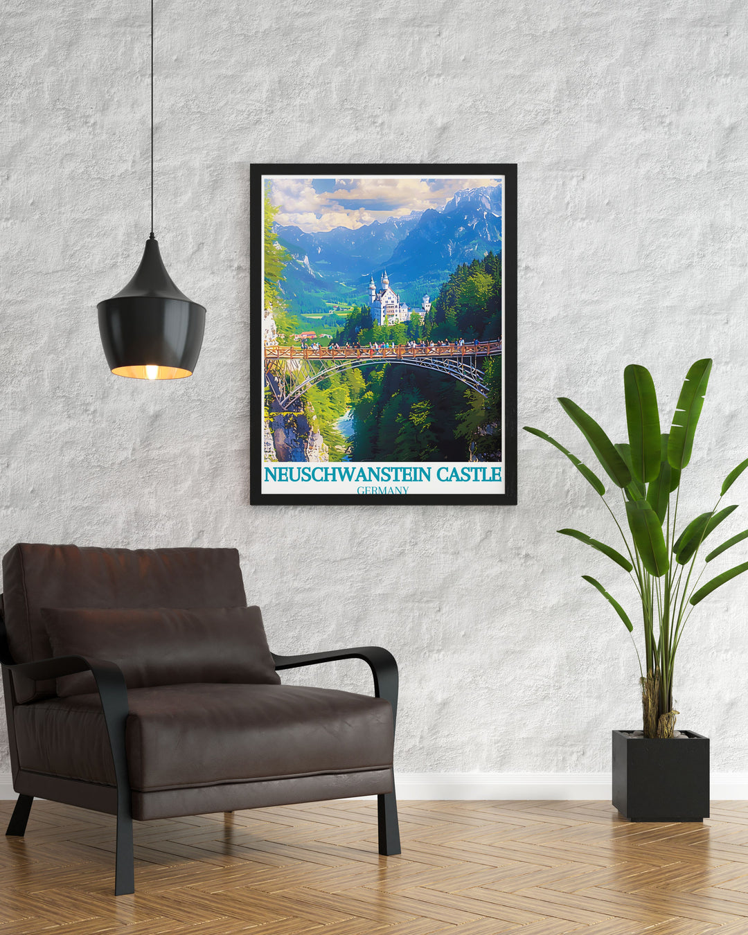 Featuring the stunning views from Marienbrücke, this poster showcases the dramatic landscape and picturesque setting of Neuschwanstein Castle, ideal for those who appreciate breathtaking scenery and architectural wonders.