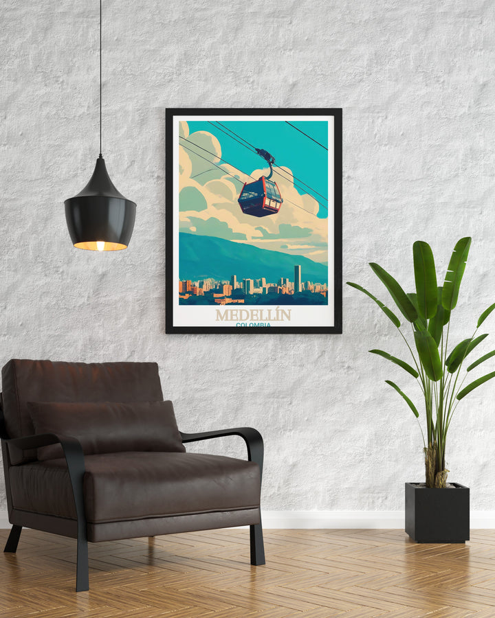 This Medellín Print showcases the bustling cityscape of Medellín, with a focus on the famous Metrocable. A must have for those who love both modern city architecture and Colombian culture, this framed print adds vibrancy to any room.