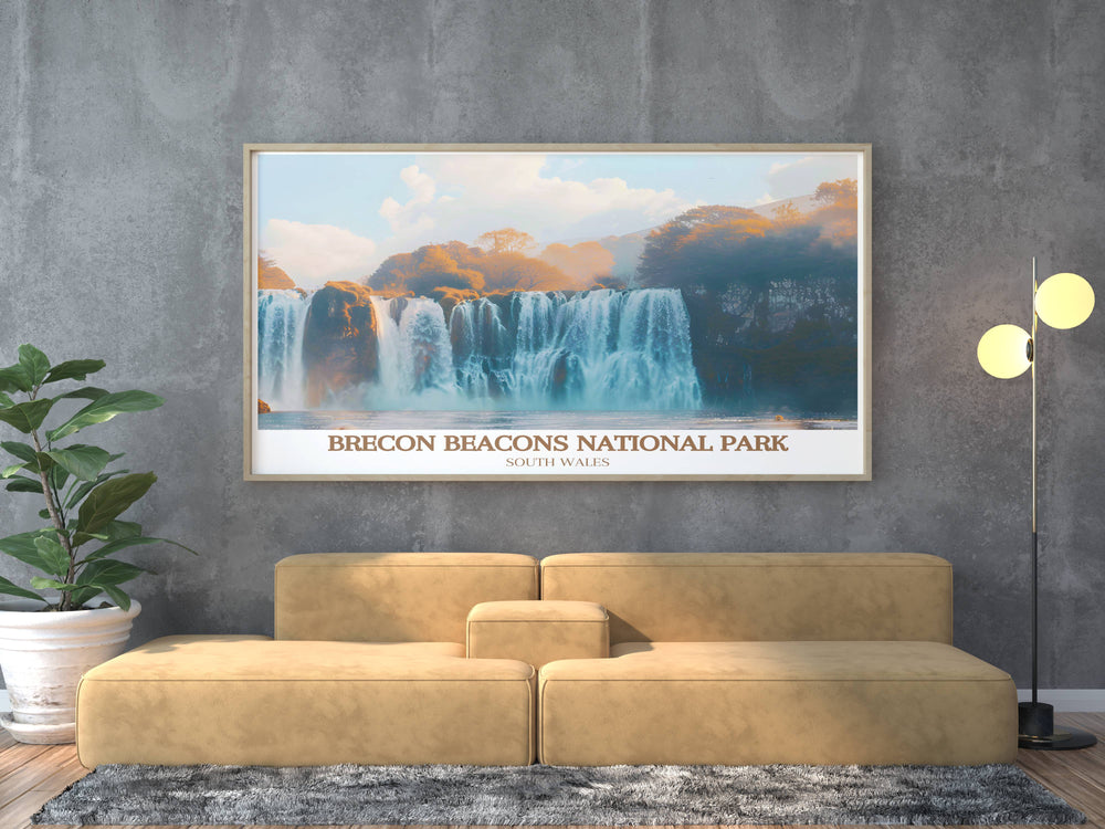 Vintage Travel Print of Brecon Beacons Wales showcasing the enchanting Waterfall Country. This retro travel poster blends nostalgic charm with modern quality offering a timeless piece of wall decor that captures the allure of Wales natural beauty.