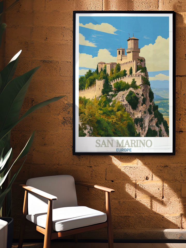 This San Marino wall art print highlights the majestic Guaita Tower, perched on the cliffs of this ancient European republic. The artwork captures the fortresss historical significance and scenic surroundings, ideal for lovers of travel, history, or architecture.