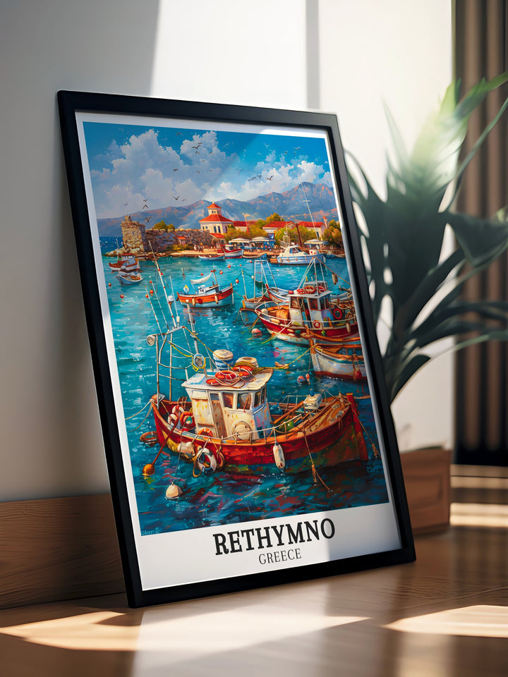 Rethymno Harbour Crete Modern Prints bring a piece of Greece into your home with this Greece Travel Print perfect for adding character to your walls and elevating your living room decor with Mediterranean beauty and island charm