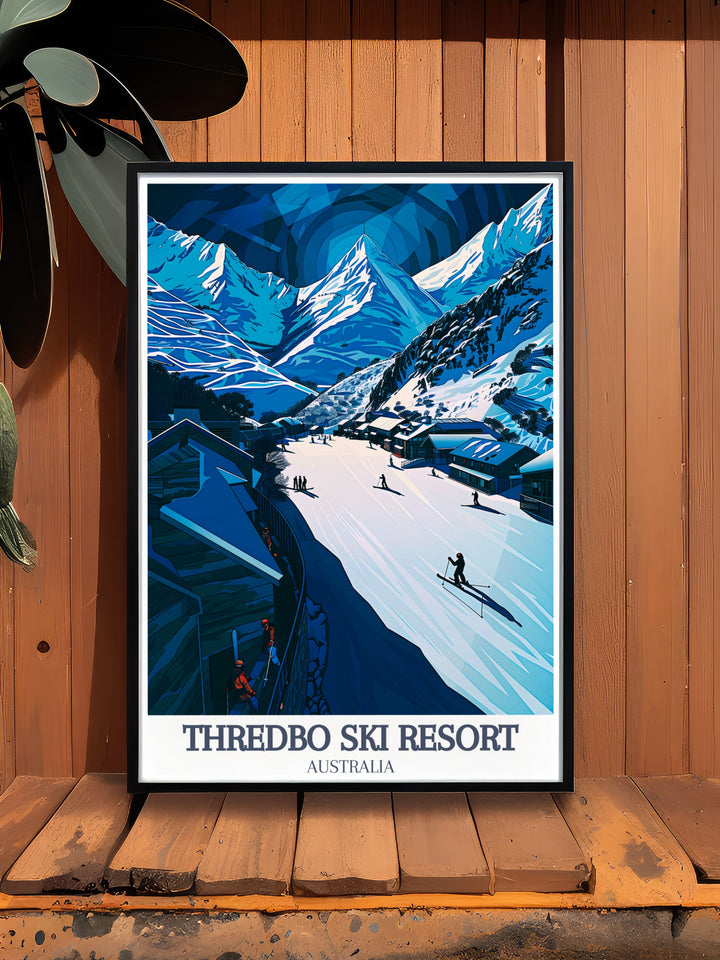 Thredbo Village, nestled in the Australian Alps, is featured in this elegant travel print of Thredbo Ski Resort. With its snow covered landscapes and charming village vibe, this framed art piece is a perfect addition to any room that embraces the beauty of ski resorts.