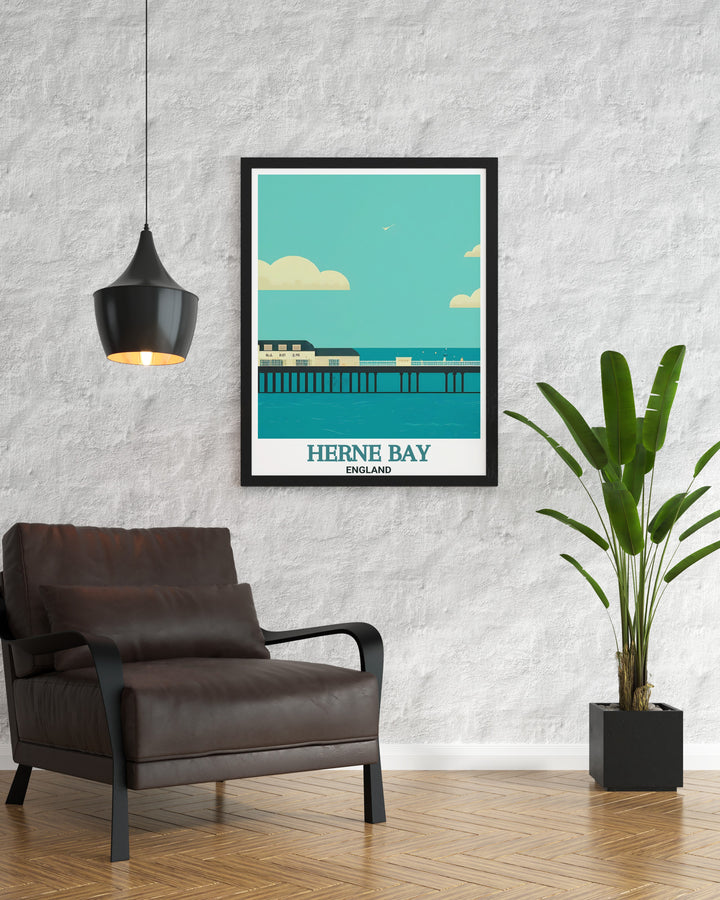 This Herne Bay travel print beautifully highlights the Herne Bay Pier, a symbol of British seaside history and charm. Ideal for coastal art lovers, this artwork captures the essence of Kents scenic coastline.