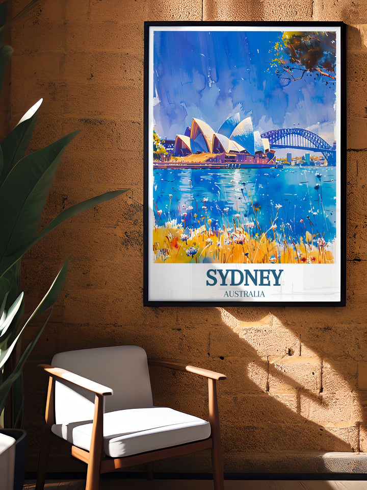 Elegant Sydney Opera House and Sydney Harbour Bridge artwork in a vintage poster design capturing the essence of Australias most famous city a perfect addition to your home decor or as a gift for travel lovers