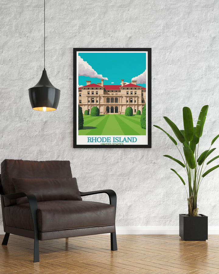 A detailed Rhode Island travel poster print showcasing The Breakers, one of the most iconic mansions in Newport. The print captures the grandeur of this Gilded Age landmark, making it a stunning addition to your home décor or a thoughtful gift for architecture and history enthusiasts.