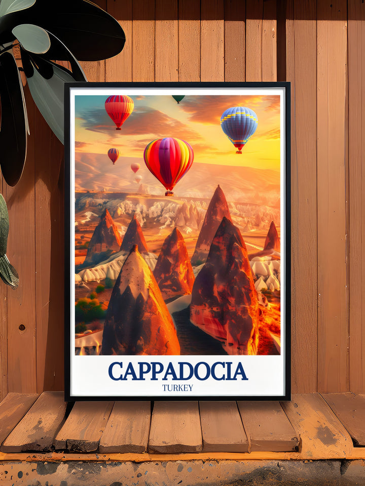 Add a sense of wanderlust to your home with this hot air balloon travel poster featuring Cappadocias stunning Fairy Chimneys. The colorful artwork and intricate details make it a fantastic addition to any travel lovers collection.