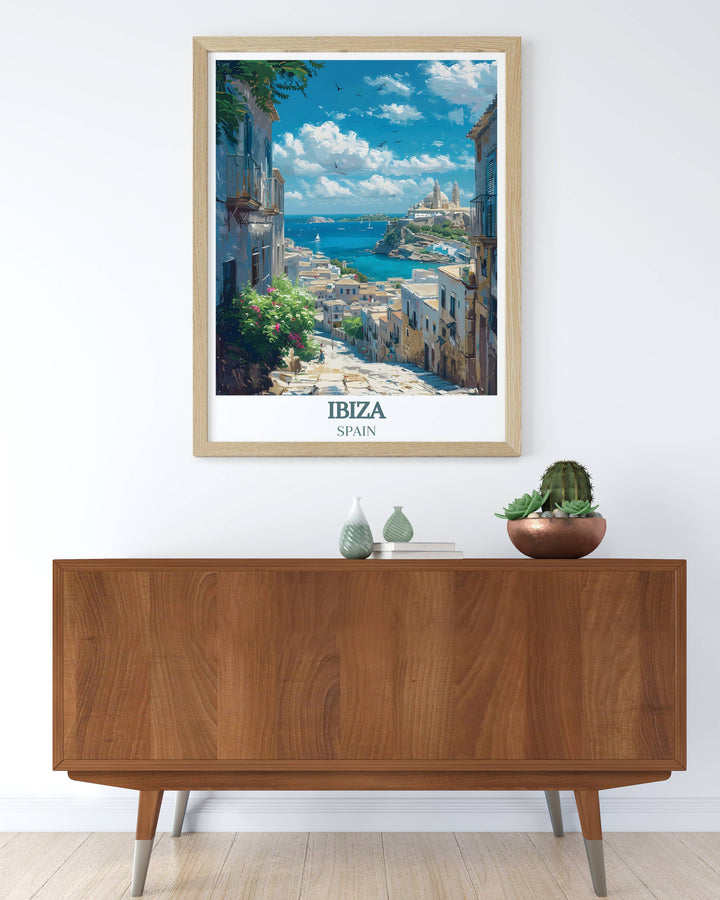 Framed Print featuring the energetic O Beach Club and the picturesque Dalt Vila Ibiza Old Town bringing the excitement of Ibizas nightlife and the elegance of its historical sites into your living space with vivid colors and dynamic designs