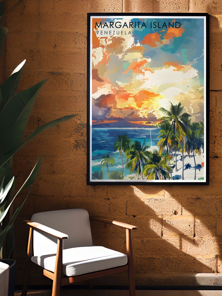 A vibrant and detailed vintage poster of Angel Falls and the Margarita Islands, perfect for any travelers bucket list. This wall art brings the beauty of Venezuelas natural wonders to your home or office.