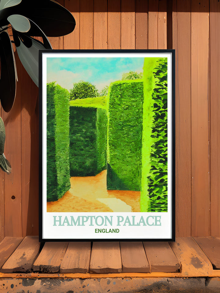 The Gardens wall art brings the serene beauty of Hampton Palaces gardens into your home. Featuring a vibrant palette of colors, this piece showcases the harmonious blend of nature and design found in one of Englands most famous gardens. The detailed illustration invites viewers to immerse themselves in the tranquil setting, making it an ideal addition to living rooms, bedrooms, or study areas seeking a calming atmosphere.