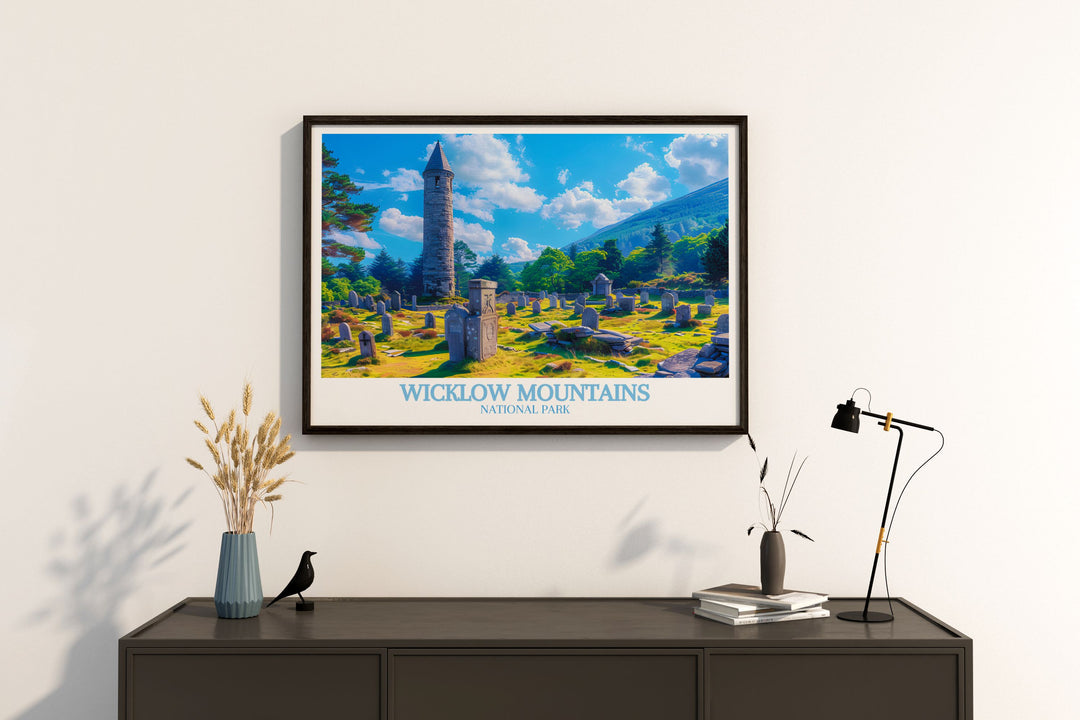 Detailed fine art print showcasing the breathtaking landscapes of Wicklow Mountains National Park in Ireland. This piece highlights the parks diverse flora, serene lakes, and rolling hills, perfect for capturing the natural beauty of this iconic Irish destination.