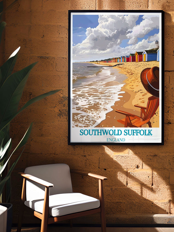 Delight in the timeless charm of Southwold with this art print, capturing the beauty of the beach huts and the historical significance of the pier.