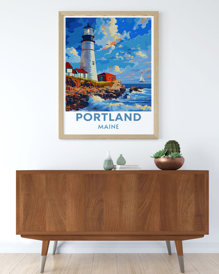 Highlighting the iconic Portland Head Light, this poster captures the lighthouses striking beauty against the Atlantic Ocean backdrop. Perfect for coastal art enthusiasts.