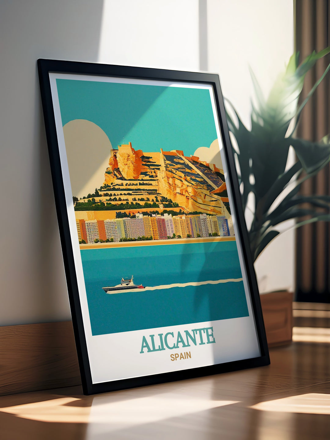 Alicante travel poster of Castillo de Santa Bárbara, capturing the fortresss stunning architecture and historical significance. This print is perfect for decorating your home with a piece of Alicantes rich heritage and the beauty of the Costa Blanca. Let the charm of Castillo de Santa Bárbara inspire your space.