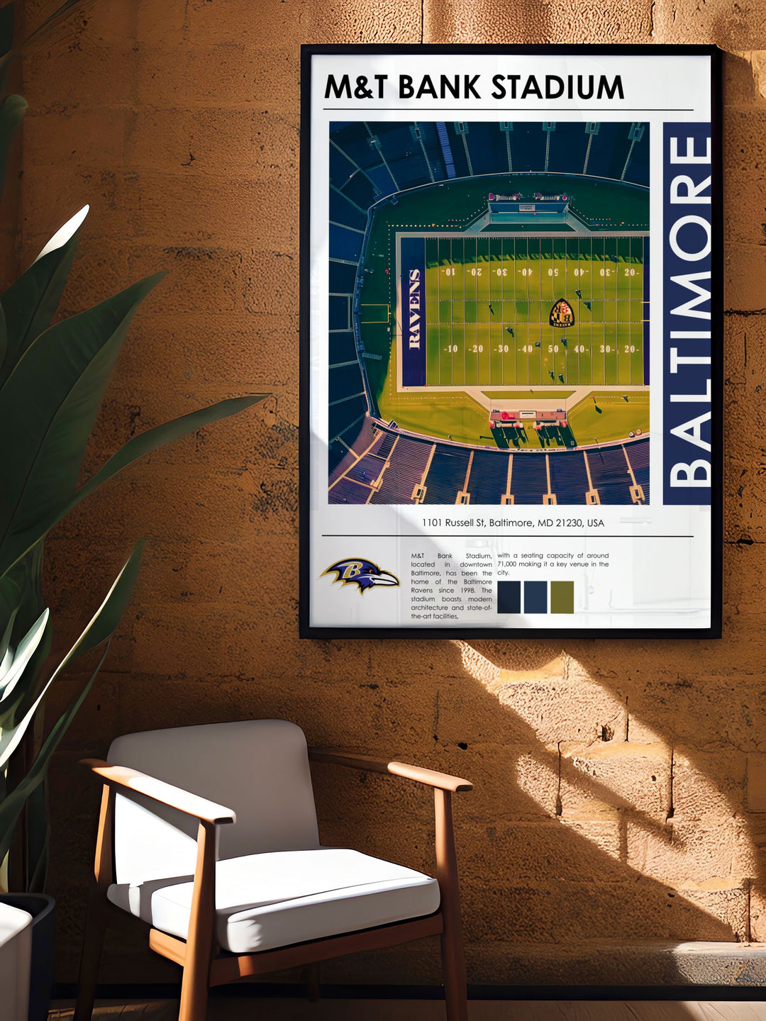 Unique Baltimore Ravens art print featuring Lamar Jackson Odell Beckham Jr. and Mark Andrews at M and T Bank Stadium a fantastic gift for football fans and a standout piece for any collection