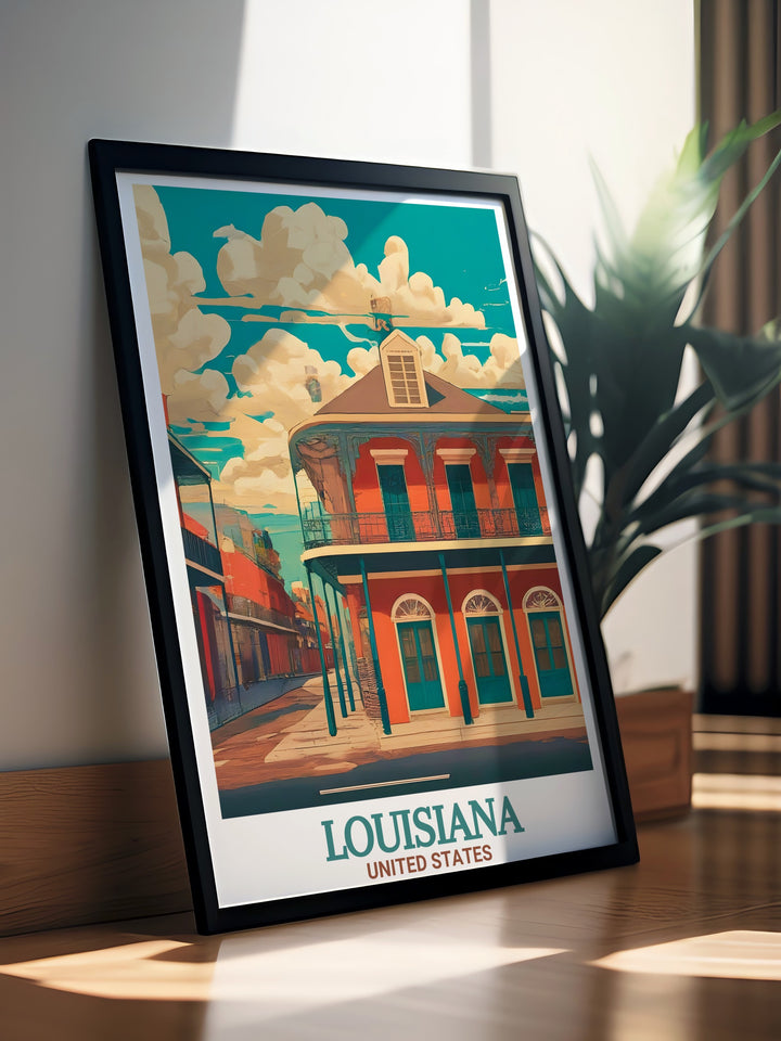 A canvas art print of New Orleans French Quarter, showcasing the vibrant colors and intricate designs of the citys most famous district. This artwork celebrates the rich cultural heritage of Louisiana, making it a perfect addition to any home decor.