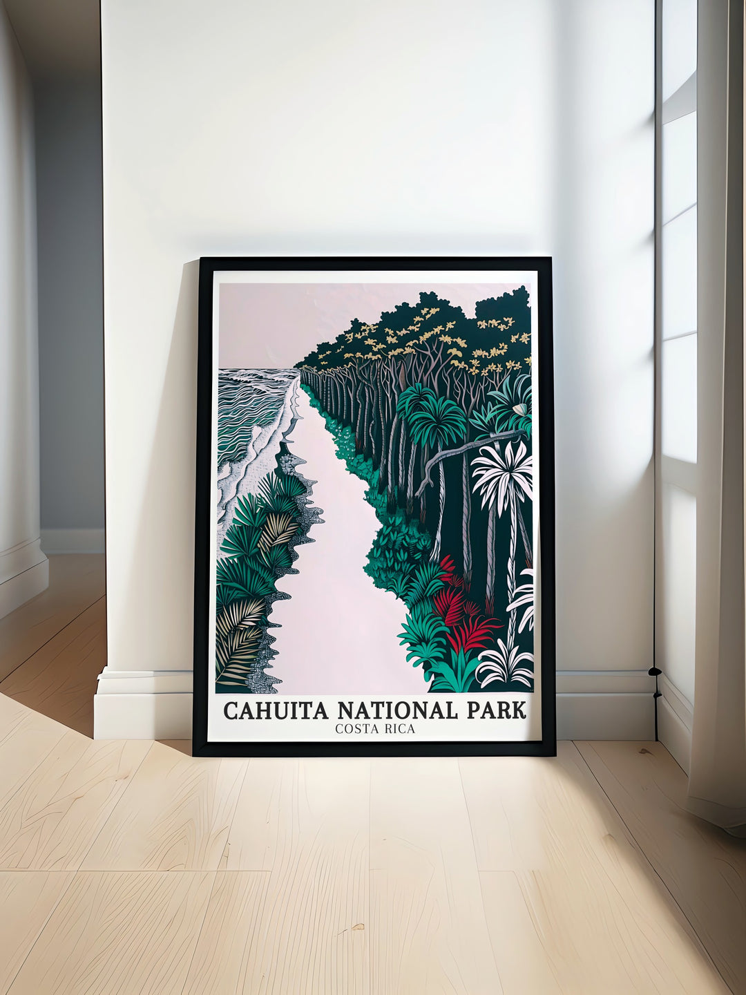 Cahuita National Park Travel Print offers a stunning view of Costa Ricas Caribbean coast. Featuring vibrant beaches and dense tropical forests, this detailed art print is perfect for those who want to bring a piece of Costa Ricas unspoiled beauty into their space.