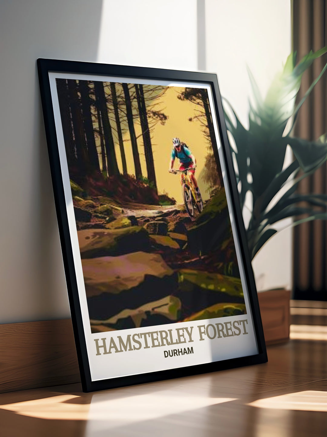 Bring the adventure of Hamsterley Forest Adventure Play Area into your home with this vibrant mountain biking print perfect for those who love outdoor sports and nature inspired wall art for their living space