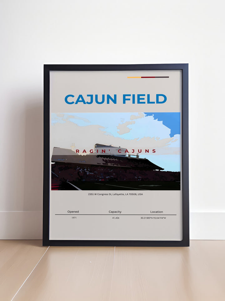 Retro Cajun Field poster designed for Ragin Cajuns football fans. This modern print is an excellent addition to any dorm room or living area offering a unique blend of vintage style and college sports spirit. Ideal for football enthusiasts and alumni.