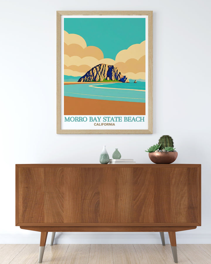 Celebrate the coastal beauty of California with this poster featuring Morro Bay State Beach and Morro Strand State Beach. The soft waves and expansive sands are captured in vibrant detail, making it ideal for coastal themed decor.