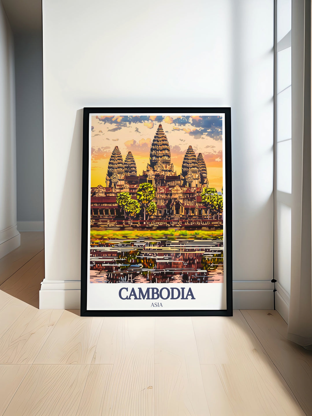 Angkor Wat Khmer travel poster featuring the iconic temple in Siem Reap. Perfect for showcasing the ancient beauty and architectural marvels of Cambodia. A stunning addition to any Southeast Asia inspired decor and a celebration of Cambodian heritage.