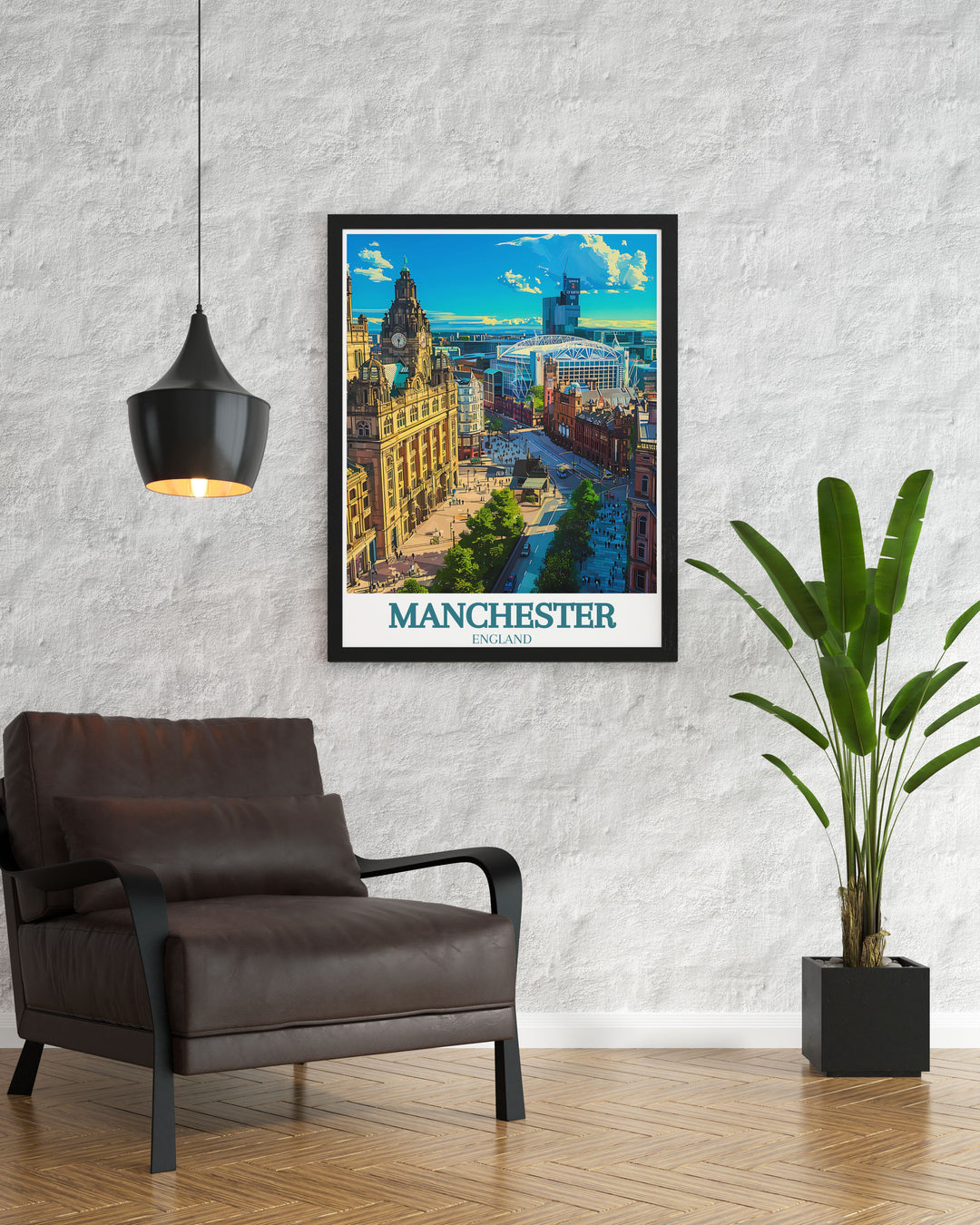 Vintage travel print of Manchester town hall and Old Trafford stadium capturing the essence of the citys charm and architectural splendor a must have for those who love Manchesters history and culture.