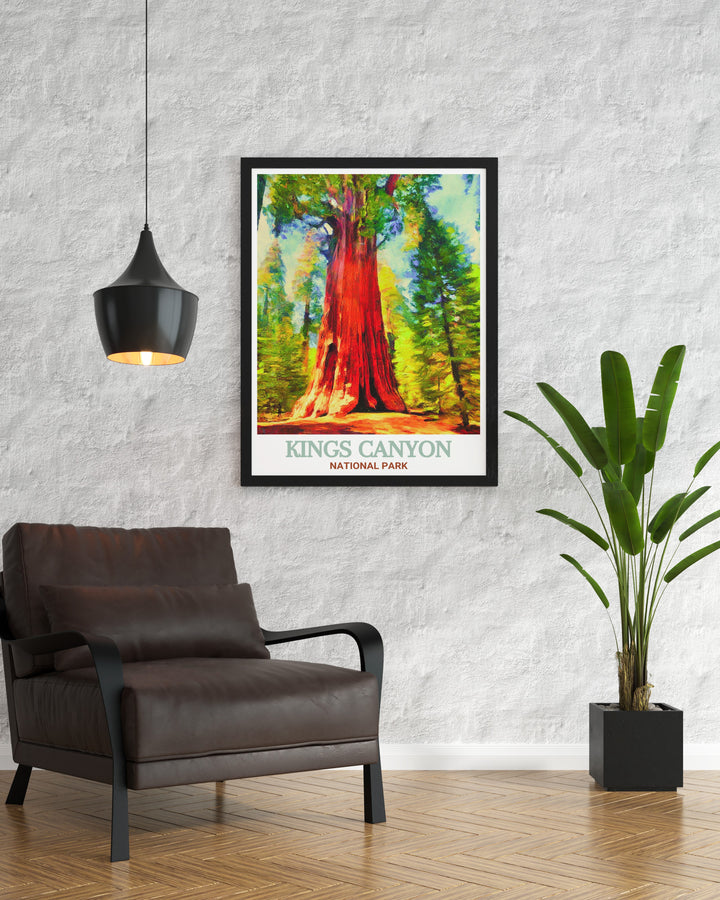 Kings Canyon framed art featuring the General Grant Tree and the towering sequoias of the National Park. This travel poster is designed to bring a sense of peace and awe into any room, offering a glimpse of natures untouched beauty.