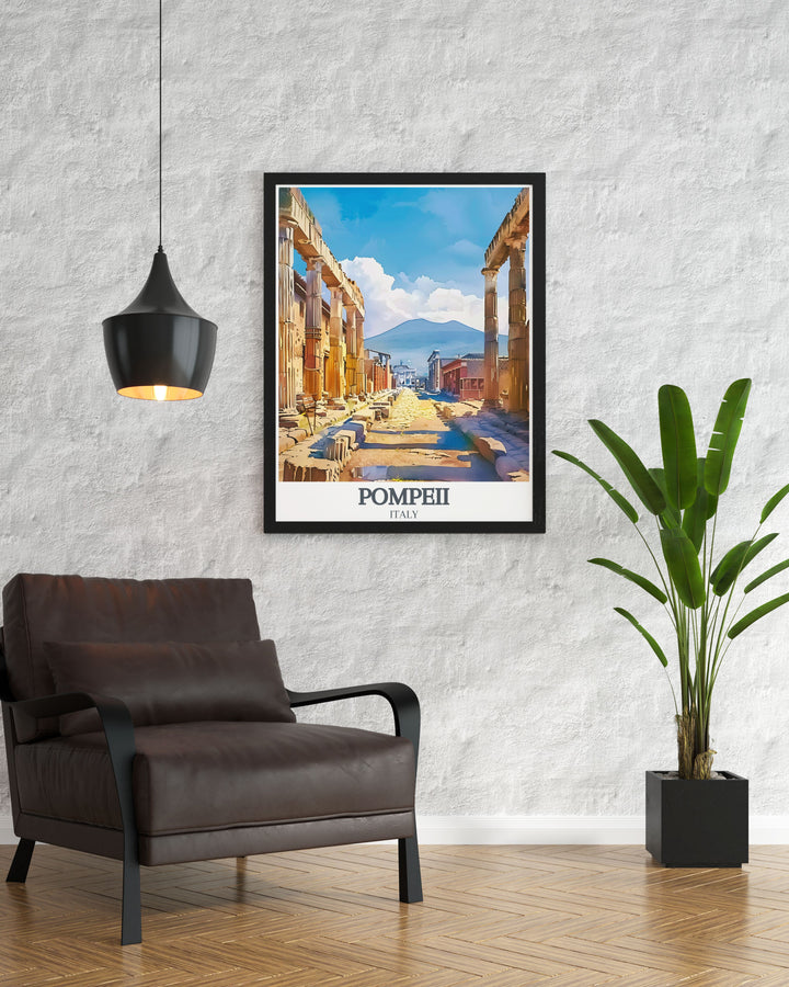 The Pompeii wall art displays the stunning ruins of the Forum of Pompeii with Mount Vesuvius in the background offering a modern touch to ancient Italian art.