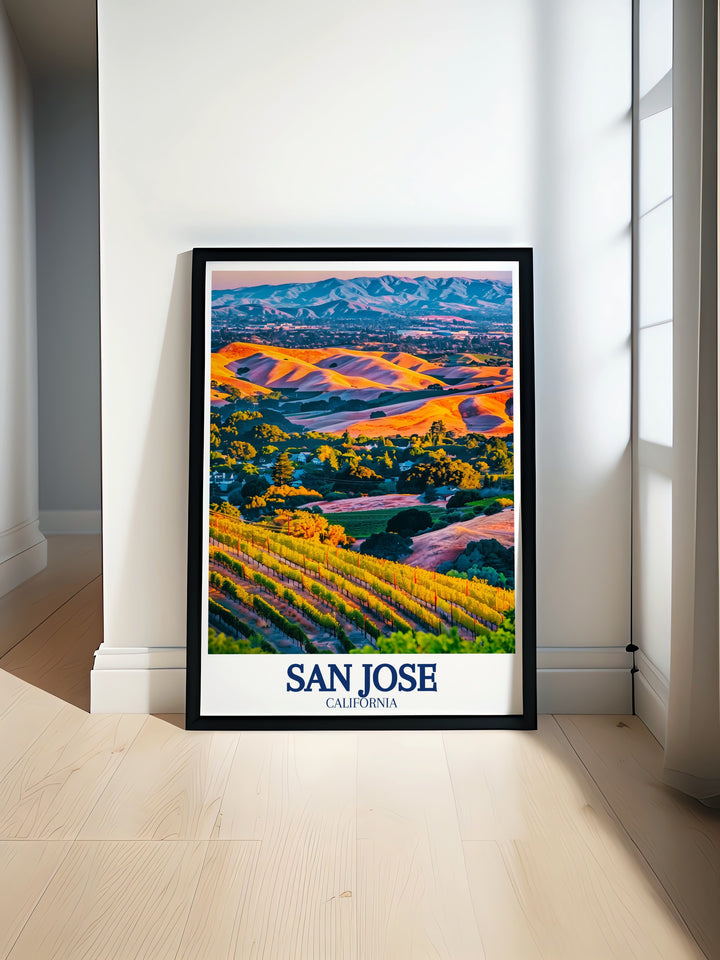 Featuring the city of San Jose and its surrounding landscapes, this travel poster brings together the peaceful Almaden Valley and the rugged Santa Cruz Mountains. Perfect for those who appreciate Californias scenic diversity, this artwork adds a touch of natural beauty to any room.