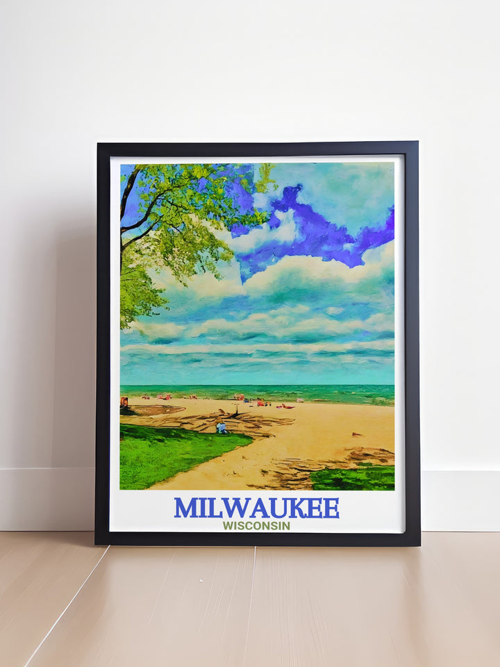 This travel poster of Milwaukee and Bradford Beach offers a colorful and detailed representation of the citys bustling urban landscape alongside its peaceful waterfront. A must have for fans of Wisconsins stunning views and vibrant culture.