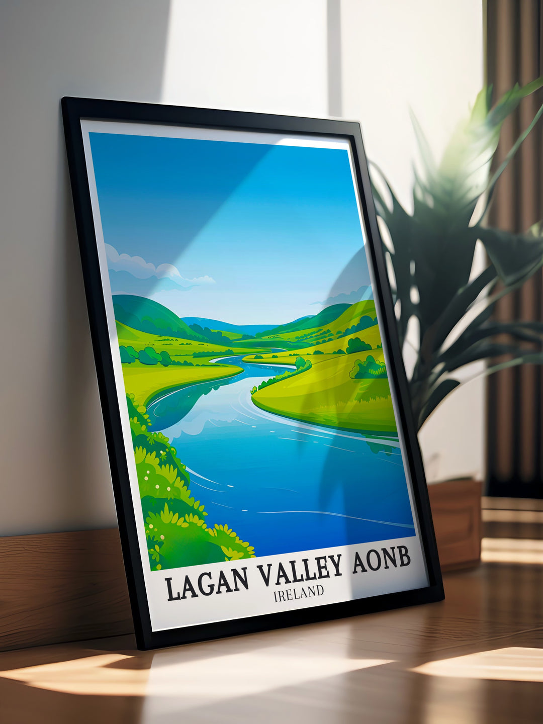 Add Mourne Mountains River Lagan stunning living room decor to your collection with this breathtaking AONB travel print. The peaceful beauty of the River Lagan flowing through Northern Irelands countryside is captured perfectly in this elegant home art piece.