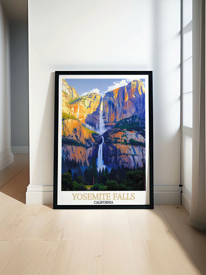 Yosemite Falls majestic artwork showcasing the stunning waterfall and surrounding landscape ideal for California decor