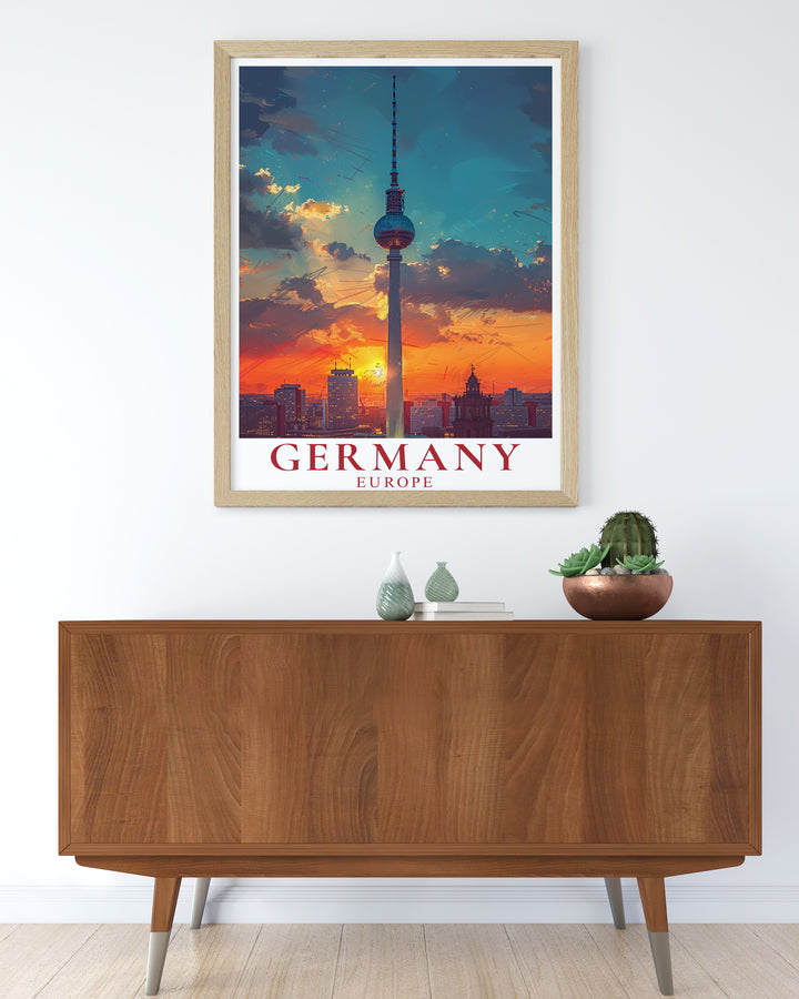 This travel print of Berlin captures the iconic Fernsehturm in vibrant detail, offering a striking representation of one of Germanys most beloved landmarks. Perfect for home or office decor, this Berlin poster highlights the beauty of the citys skyline.