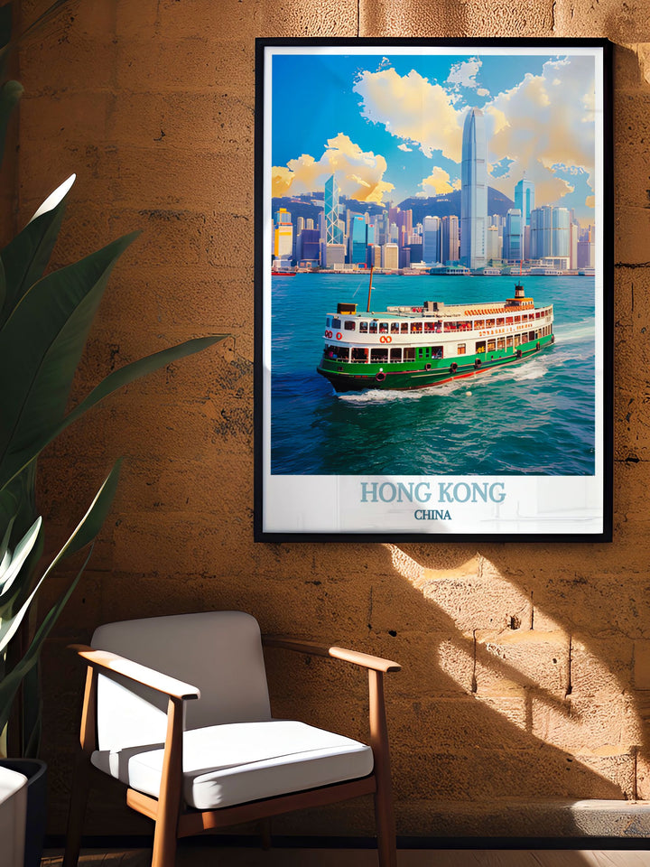 The historic and scenic Star Ferry, an iconic symbol of Hong Kongs maritime heritage, is featured in this travel poster. Ideal for history enthusiasts and travelers, this piece brings a touch of Hong Kongs past into your home.