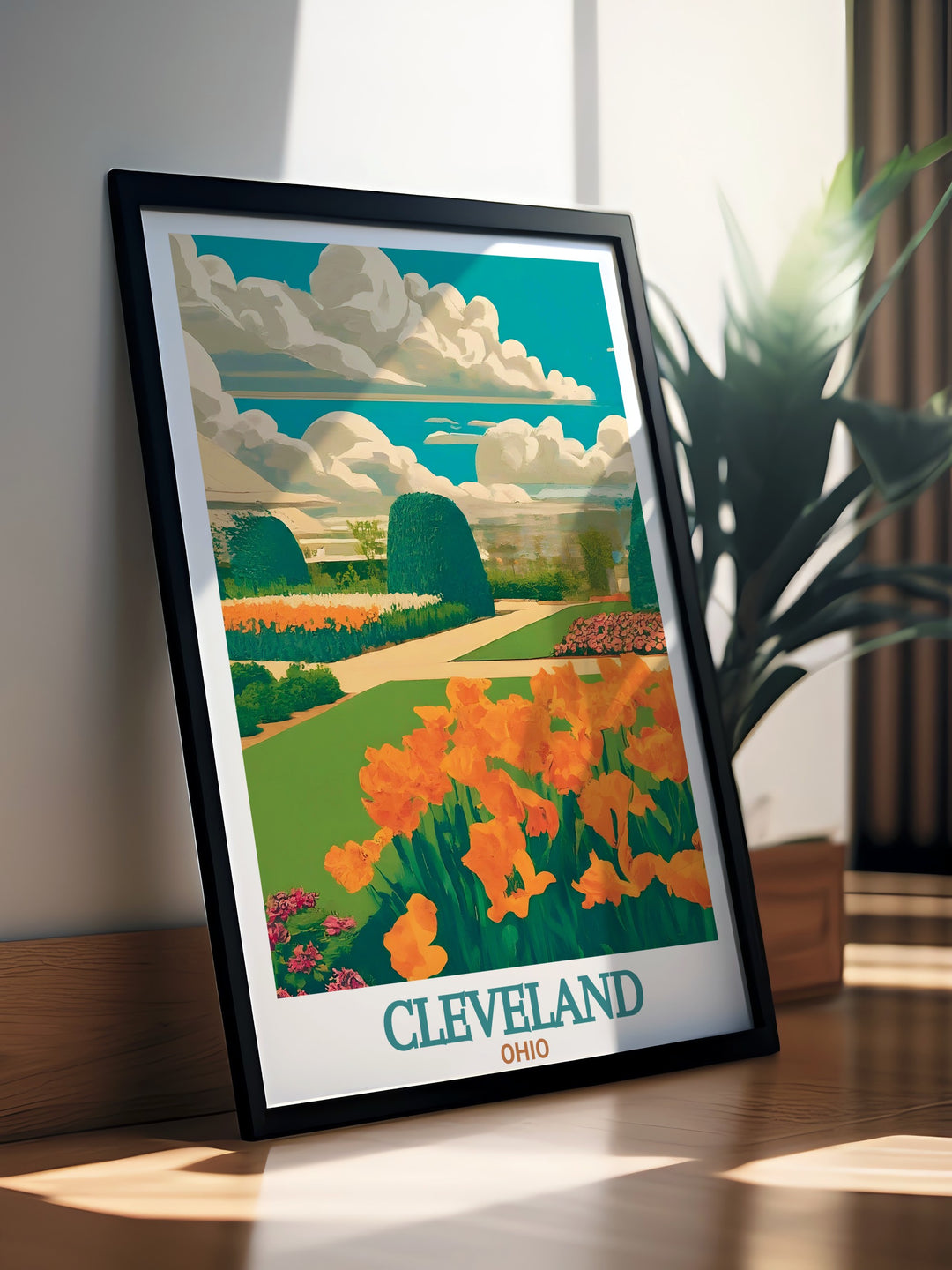 Cleveland Wall Art features the colorful Cleveland Botanical Garden alongside the citys iconic street map. This framed art piece offers a stunning view of both Clevelands natural beauty and urban landscape, making it a great addition to any home decor.