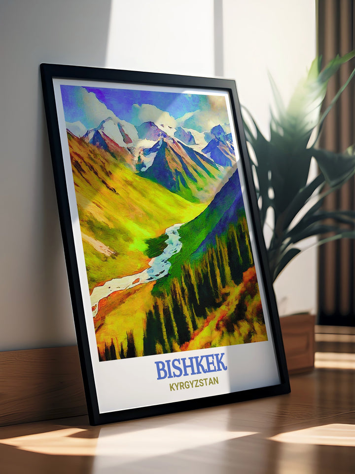 Bishkek Framed Art combines the energy of Kyrgyzstans capital with the tranquil beauty of Ala Archa National Park. This framed artwork is a stunning tribute to the natural and cultural heritage of the region, perfect for any home or office.