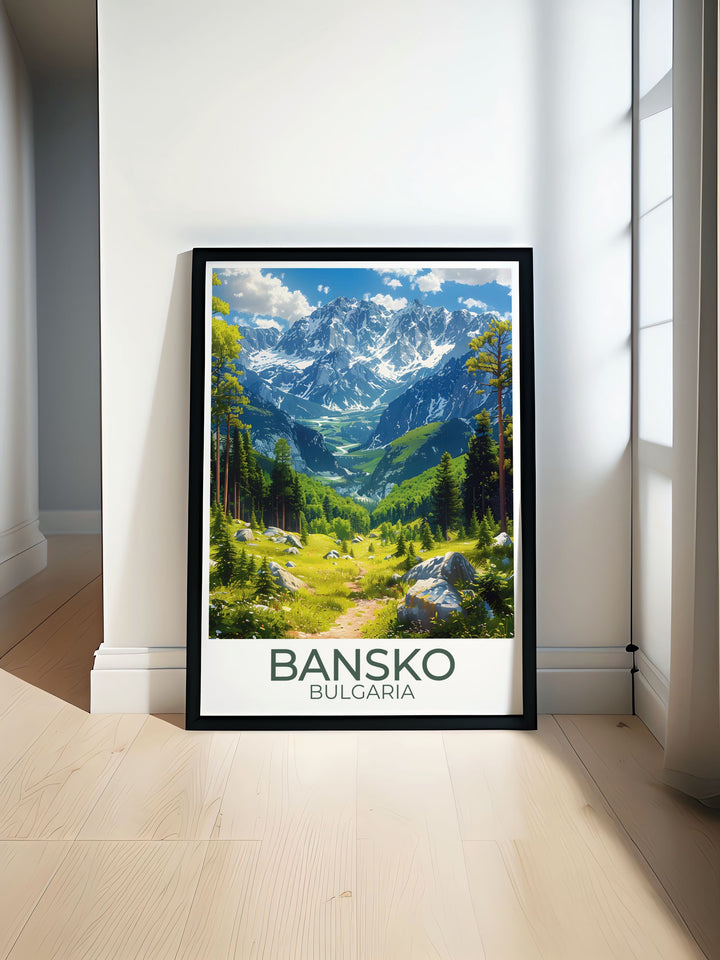 This detailed art print captures the excitement of Bansko Ski Resort, featuring its modern facilities and picturesque alpine backdrop. Ideal for adding a touch of winter sports adventure to your home decor.
