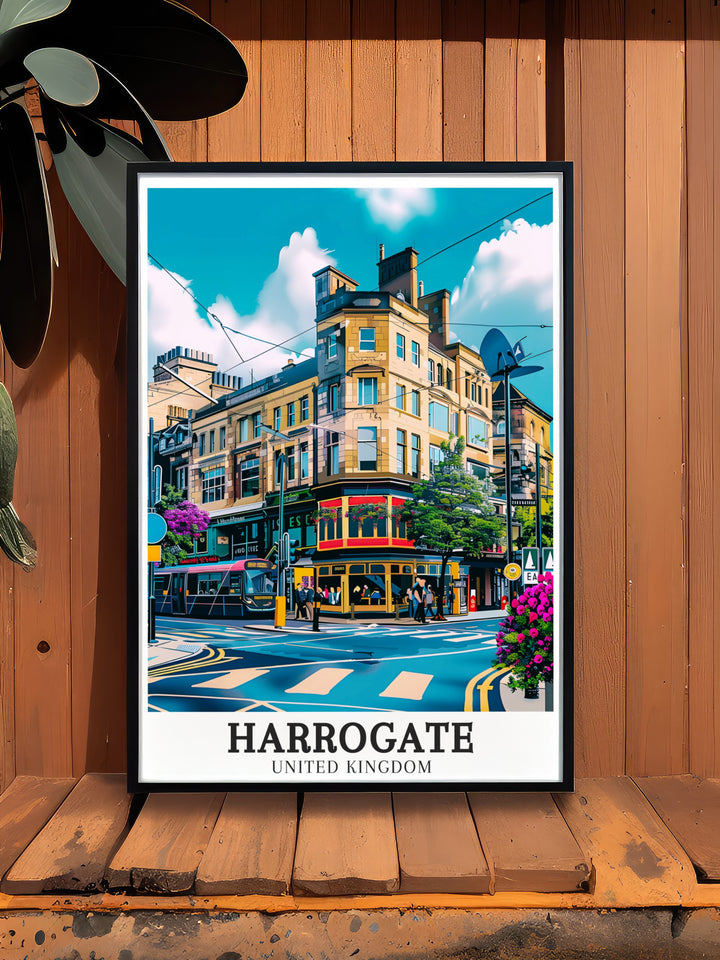 Harrogate Poster featuring the charming streets of Harrogate City Centre and Montpellier District. An elegant piece of Yorkshire Decor that captures the beauty of these historic areas. Great for adding character to your space.